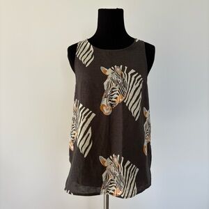 LAS SURENAS grey and white cotton linen zebra top. SizZebra Print Sleeveless Top